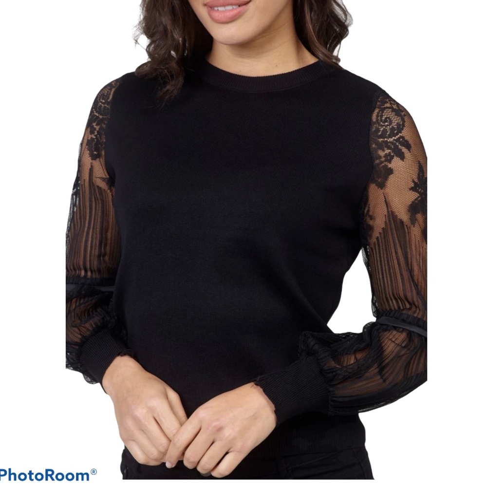 Notations Sheer Lace Sleeve Knit Sweater